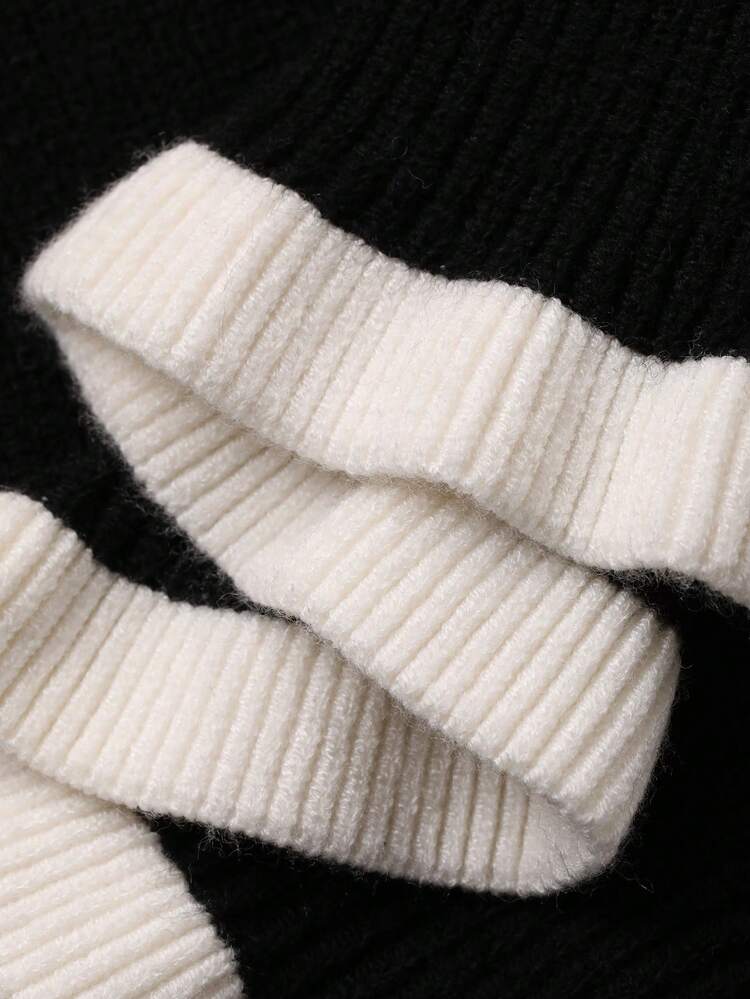 Women's Elegant Color Block Trim Button Front Knit Dress, Autumn/Winter