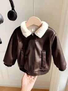 SHEIN 男婴休闲可爱街头风黑色PU皮革保暖长袖拉链外套，婴儿冬季服装 - 棕色 - 查看 5