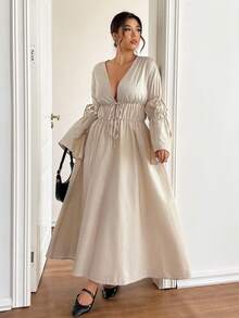 Lounesse 大码女式长袖连衣裙，杏色，休闲日常穿着，时尚度假通勤连衣裙，全新秋冬系列 - 杏色 - 查看 3