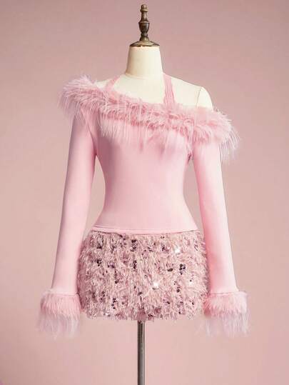 Kawaii Y2K Sexy Feather Patchwork Lace Trim Deep V-Neck Long Sleeve Slim Fit T-Shirt, Sensual & Elegant Women Top