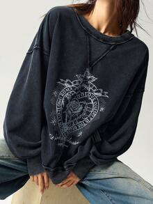 Bohemela Women's Casual Solid Color Knit Crew Neck Long Sleeve Washed Loose Sweatshirt - Black - View 2