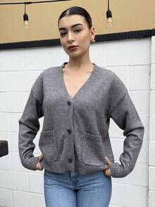 Andrea Bello Women's Solid Color Drop Shoulder Long Sleeve Casual Cardigan, Autumn & Winter,Knitted Sweater - Grey - View 1