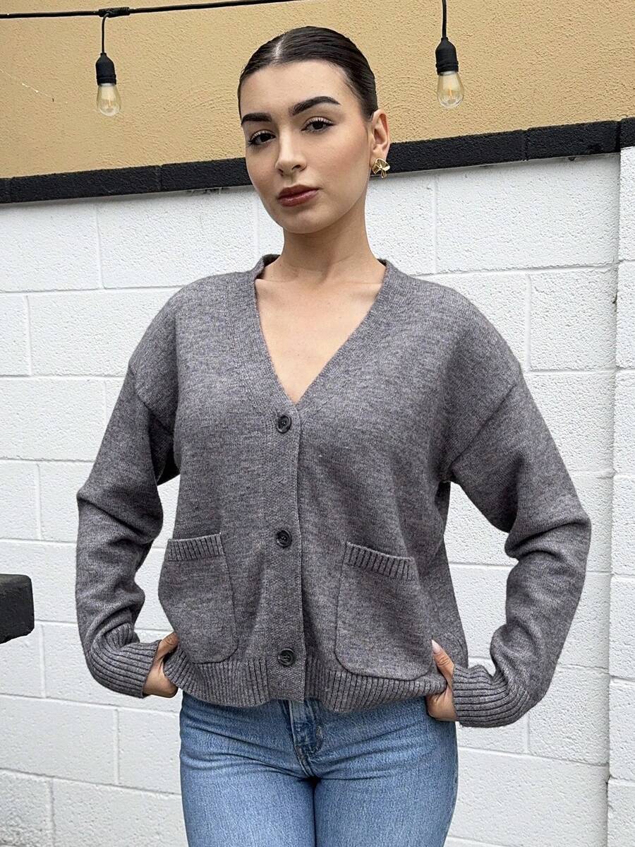 Andrea Bello Women's Solid Color Drop Shoulder Long Sleeve Casual Cardigan, Autumn & Winter,Knitted Sweater - Grey - View 1