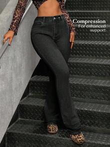 SHEIN Tall 女士休闲口袋中腰修身喇叭牛仔裤 - 黑色 - 查看 4