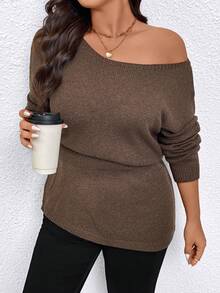 Elenzga Suéter holgado de hombros descubiertos para mujer de talla grande, invierno - Marrón Chocolate - Ver 3