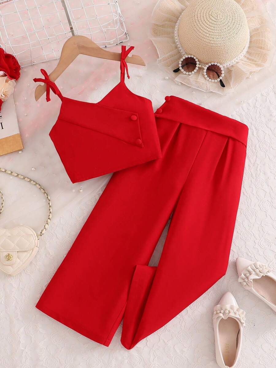 SHEIN Elladie kids 两件套少女时尚蝴蝶结吊带背心和西装裤，适合日常穿着和度假，夏季 - 酒紅色 - 查看 1