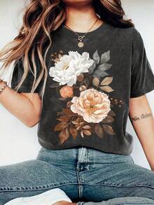 Women's T-Shirt, Casual Street Style Graphic Short Sleeve T-Shirt, Cute Summer Top - Dark Grey - View 1
