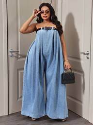 Slaydiva Plus Size Solid Color Minimalist Daily Wear Tube Top & Denim Jumpsuit
