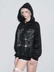 ROMWE Avant 女士街头风宽松卫衣，饰有星星和链条图案以及水钻装饰 - 黑色 - 查看 4