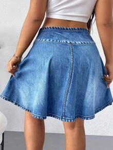 Elenzga 大码女式时尚休闲浅蓝色牛仔印花高腰显瘦防走光弹力A字短裙裤，适合运动、户外跑步和日常休闲穿着 - 藍色 - 查看 2