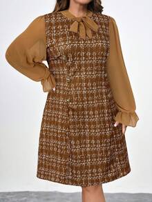 Chikora 大码优雅通勤格子拼布连衣裙 - 棕色 - 查看 4