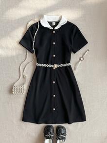PrepCrw 1pc Tween Girls Elegant School Back-To-School Black And White Dress,Summer Lace Collar Contrast Pearl Button Decor Short Sleeve Preppy Collared Dress - Black - View 1