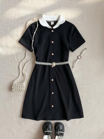 PrepCrw 1pc Tween Girls Elegant Urban School Style White Lace Collar Contrast Pearl Button Decor Black Short Sleeve Dress, Suitable For Back To School, Casual Outings, Gatherings, Holidays, Parties, Autumn, Winter, Spring