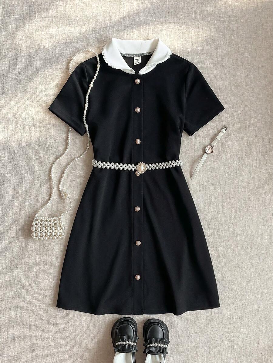 PrepCrw 1pc Tween Girls Elegant School Back-To-School Black And White Dress,Summer Lace Collar Contrast Pearl Button Decor Short Sleeve Preppy Collared Dress - Black - View 1