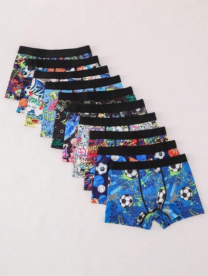 10pcs/Pack Boys' Underwear Briefs With Football Print Contrast Waistband, Comfortable
