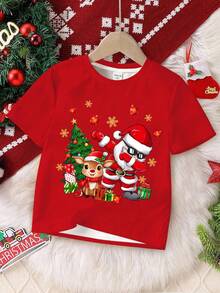 SHEIN 男童休闲经典圣诞保暖舒适卡通鹿圣诞图案圆领宽松短袖T恤，适合秋冬季穿着 - 彩色 - 查看 2