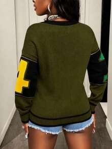 BamGleam 女士长袖圆领开衫毛衣，纽扣装饰，1234提花图案，休闲宽松时尚开衫，冬季 - 軍綠色 - 查看 2