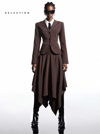 LYSMO 女式条纹腰部收腰西装外套和铅笔裙套装，秋季通勤风格