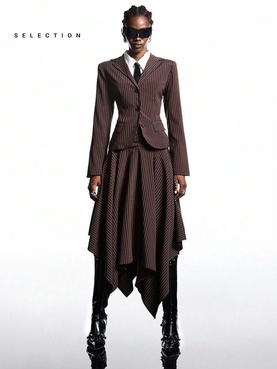 LYSMO 女式条纹腰部收腰西装外套和铅笔裙套装，秋季通勤风格 - 鏽棕色 - 查看 1