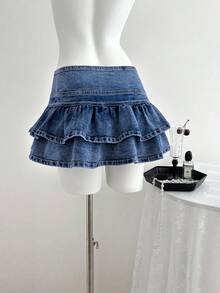 Elamini Chân váy denim mini viền bèo nhún màu trơn dành cho nữ - Rửa nhẹ - Xem 2