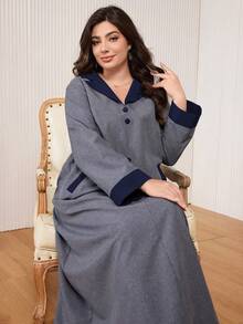 Al Najma Casual Color Block Button Decor Long Sleeve Loose Regular Dress, Plus Size, Spring/Autumn - Multicolor - View 4