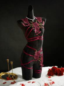 SpicyHot 2pcs Embroidered Patchwork Sexy Lingerie Set - Burgundy - View 5