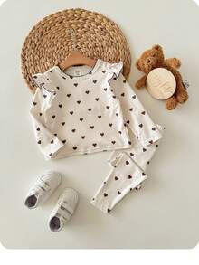 2pcs Babygirl Casual Cute Polka Dot Knit Long Sleeve Top And Elastic Waist Pants Set