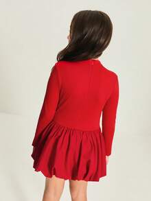 Leap Crew Vestido ajustado de cuello redondo de punto con parches y dobladillo de farol para adolescentes, falda larga elegante con pantalones cortos incorporados, adecuado para otoño/invierno, color rojo adecuado para Navidad, fiestas, escuela, cumpleaños, vestido de princesa, a juego madre-hija - Rojo - Ver 2