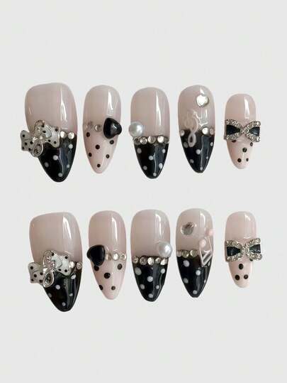 ROMWE Kawaii Cute Kitty Paw, Romantic Heart, Ballerina Bow, White Wing, Metal Cross Decorated Handmade False Nails, Mass-Produced Energetic Girl Nail Accessories, Suitable For Daily Outing And Dates