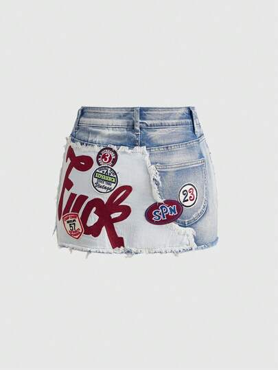 ROMWE Avant Minifalda ajustada de mezclilla con bloque de color de contraste, estilo sexy, de cintura baja, con logotipo bordado y decoración gráfica, estilo deportivo y de ballet retro Y2K para mujer