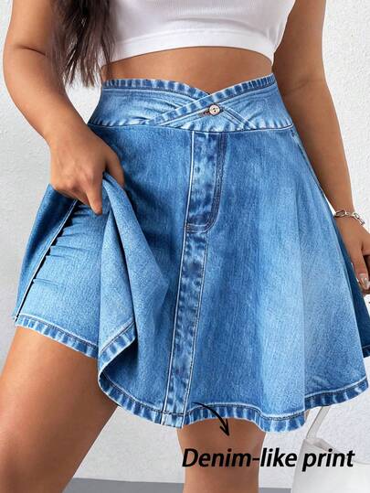 EMERY ROSE Shorts Saia Casual de Cintura Alta Estampado Denim Desbotado Plus Size, Emagrecedor, Elástico, Versátil