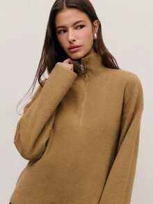 Nöista Women's Chocolate Brown Camel Knit Set,Half-Zip Sweater & Wide-Leg Pants Ribbed Texture,Autumn Casual Lounge Soft Winter Clothes For Thanksgiving - Khaki - View 3