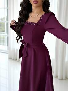 Rafferiza Damen Vintage Burgund Perlen Dekor Quadratischer Ausschnitt Puffärmel Taillengegürtet Knöchellang Kleid, geeignet für formelle Anlässe, Hochzeiten, Partys, Alltagstragen, Herbst/Winter