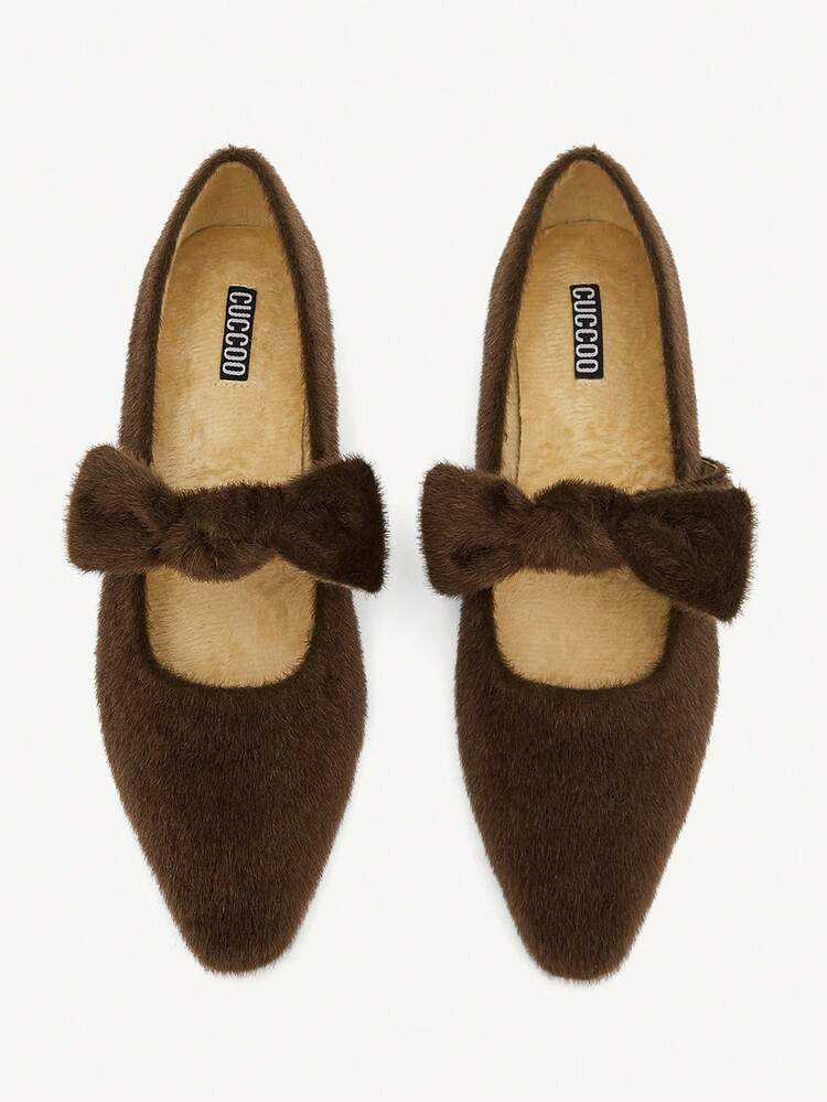 CUCCOO CHICEST New Autumn/Winter Plush Bohemian Style Big Bow Decor Casual Comfortable Versatile Slip-On Square Toe Flat Shoes For Women For Christmas