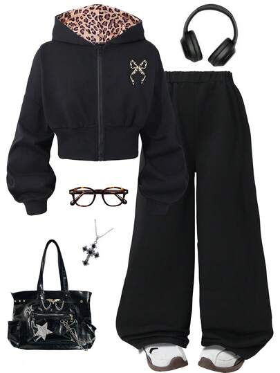 SHEIN Sparklyn 2件套女童白色碎花灰色腰部抓绒卫衣和宽松运动裤休闲运动套装，秋冬季