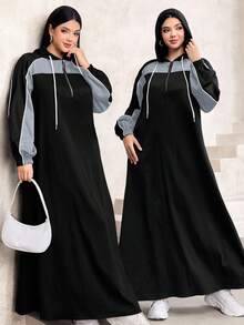 Modelyn Váy dài tay có mũ trùm đầu viền loe màu thời trang thanh lịch cỡ lớn, mùa thu/đông - Màu xanh bụi bặm - Xem 1