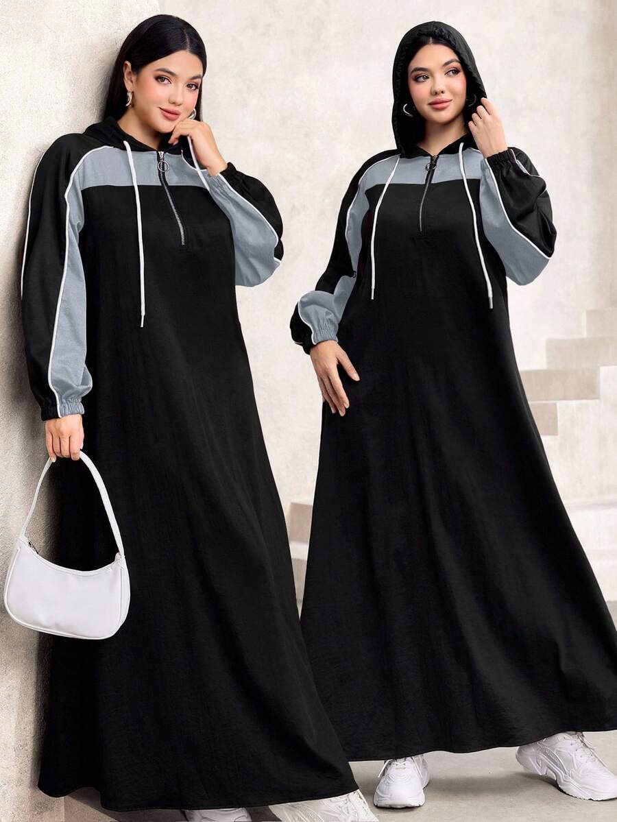 Modelyn Váy dài tay có mũ trùm đầu viền loe màu thời trang thanh lịch cỡ lớn, mùa thu/đông - Màu xanh bụi bặm - Xem 1