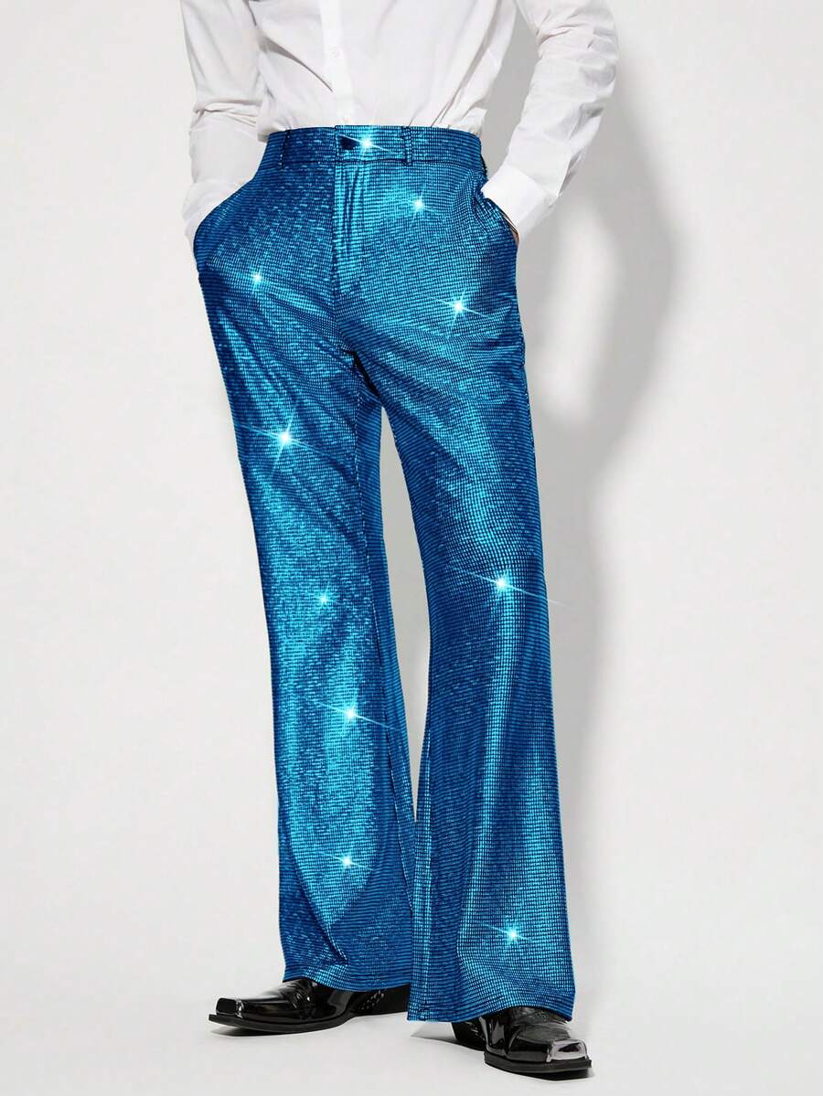 AKNOTIC Celana Pria Warna Biru Aqua untuk Musim Panas, Motif Foil Berkilau, Celana Rajut Longgar Bergaya dengan Hiasan Berlian Imitasi dan Glitter, Dilengkapi Saku, Cocok untuk Liburan, Hari Ayah, dan Pertandingan Sepak Bola. - Royal Blue - View 1