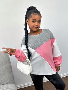 SHEIN Sudadera holgada y cómoda con cuello redondo y bloque de colores en contraste para niña preadolescente - Multicolor - Ver 2