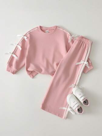 THE HAPPY LOOK 2pcs/Set Young Girl Ruffle Trim Crew Neck Long Sleeve Sweatshirt And Elastic Waist Pants Set