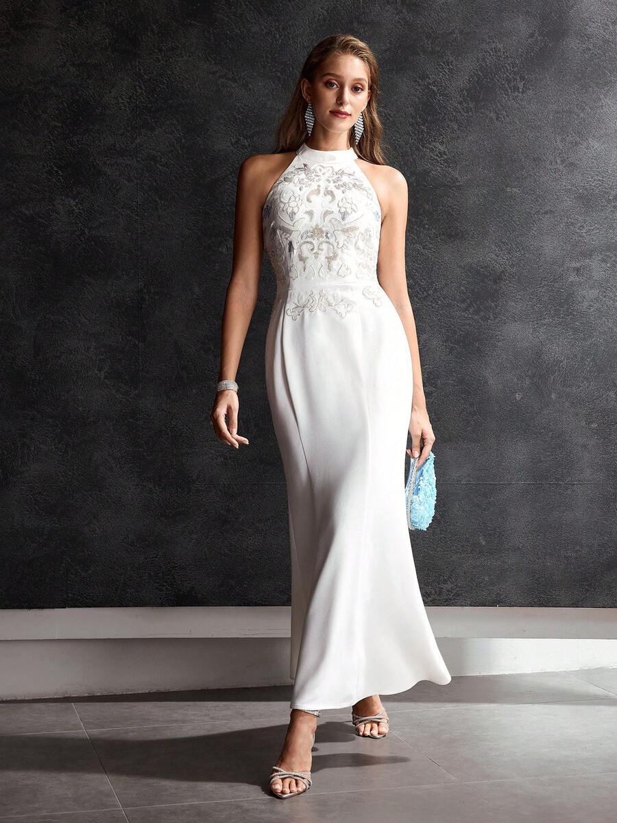 MOTF Soiréza ELEGANTE VESTIDO DE SIRENA CON CUELLO DE HALTER, BORDADO CON CUENTAS PARA BODA, BANQUETE, FIESTA DE CÓCTEL