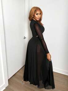 BamGleam Women's Knit Top And Sheer Skirt 2 Pieces Set - Black - View 2