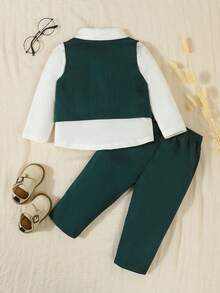 3 pezzi Completo elegante da bambino maschio: Camicia a maniche lunghe in maglia bianca con colletto e fiocco, Gilet monopetto, e Pantaloni casual in vita elastica, Abbigliamento elegante e di stile adatto per feste di compleanno, feste di Natale, battesimi, 1° compleanno, eventi formali, spettacoli, matrimoni, festa di nascità, primavera e autunno