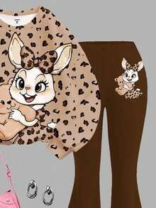 SHEIN Leap Crew Back-To-School Brown Autumn Cute School Tween Girl Leopard Print Cartoon Rabbit Loose Sweatshirt And Fitted Flare Leg Pants 2 Pieces Collegiate Set - Multicolor - View 5