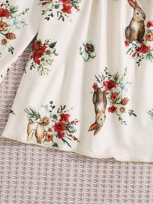 SHEIN 2pcs Baby Girl Bow Lace Trim Collar Yellow Rabbit Print Long Sleeve Top And Pants Pajama Set