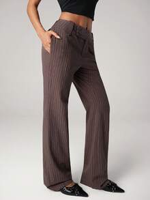 SHEIN ICON Quần ống loe kẻ sọc cạp siêu thấp dáng suông dành cho nữ, kiểu dáng thường ngày. - màu nâu - Xem 4