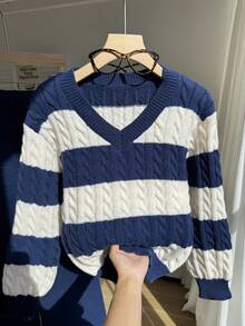 Sparklyn 青少年女孩 V 领时尚蓝白拼色宽条纹针织毛衣和宽松羊毛编织长裤，适合日常外出、度假聚会、秋冬季节 - 藏蓝色 - 查看 3