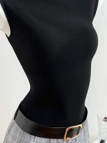 Elamini 女士黑色高领无袖针织拼接褶皱格纹迷你连衣裙，配腰带装饰 - 彩色 - 查看 5