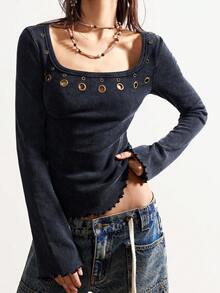 Bohemela Áo thun nữ cổ vuông tay loe dệt kim màu trơn thường ngày - màu đen - Xem 4