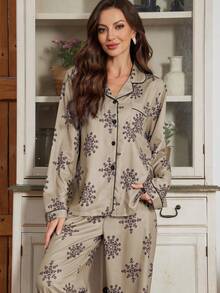 Serenescape Women's Bubble Crinkle Floral Print Long Sleeve PJS Women Lounge Wear Sets PJS PJSs For Women, Fall & Winter Clothes Brown PJSs Curve PJS - Multicolor - View 4